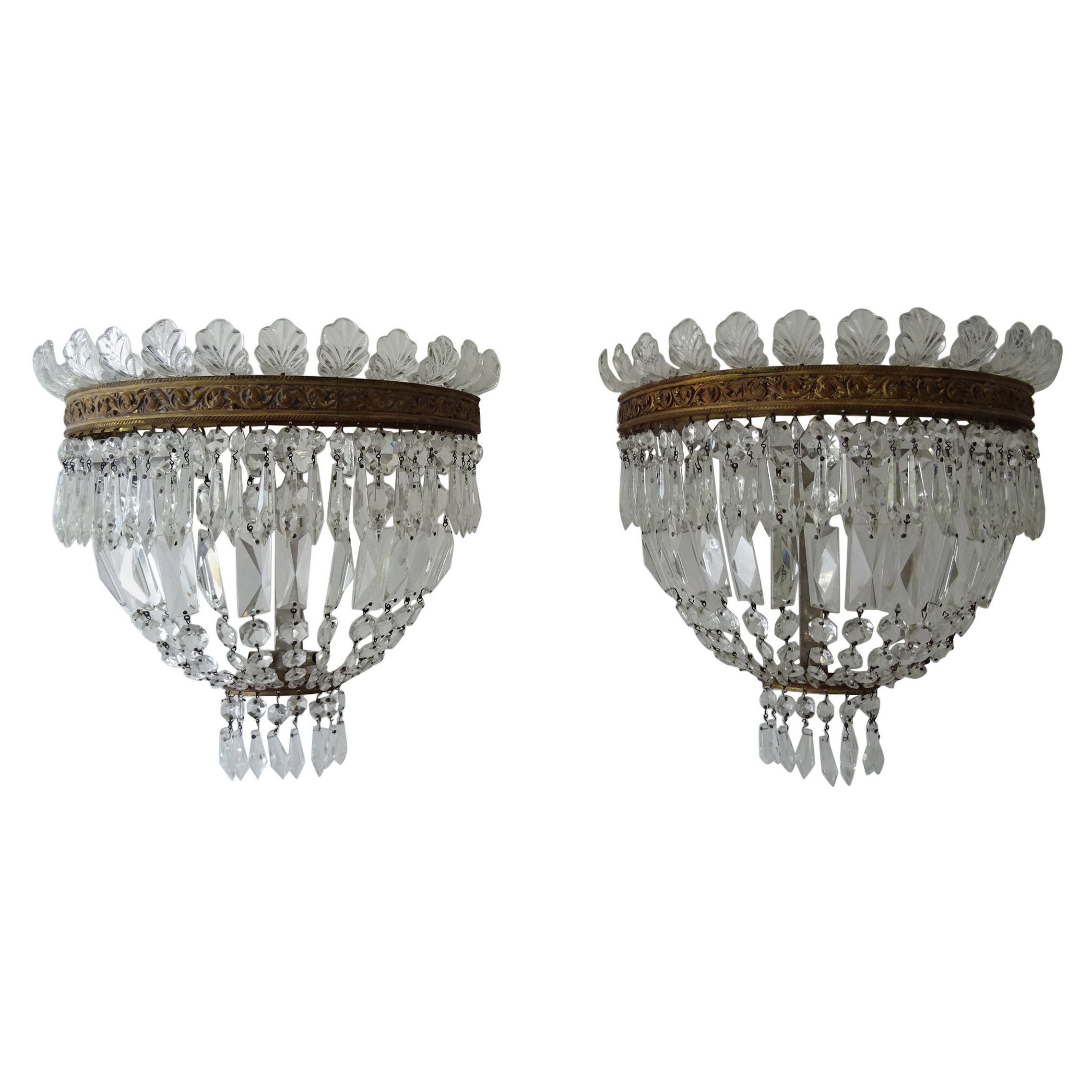 French Huge Empire Crystal Tiered Bronze Sconces, c 1940 For Sale