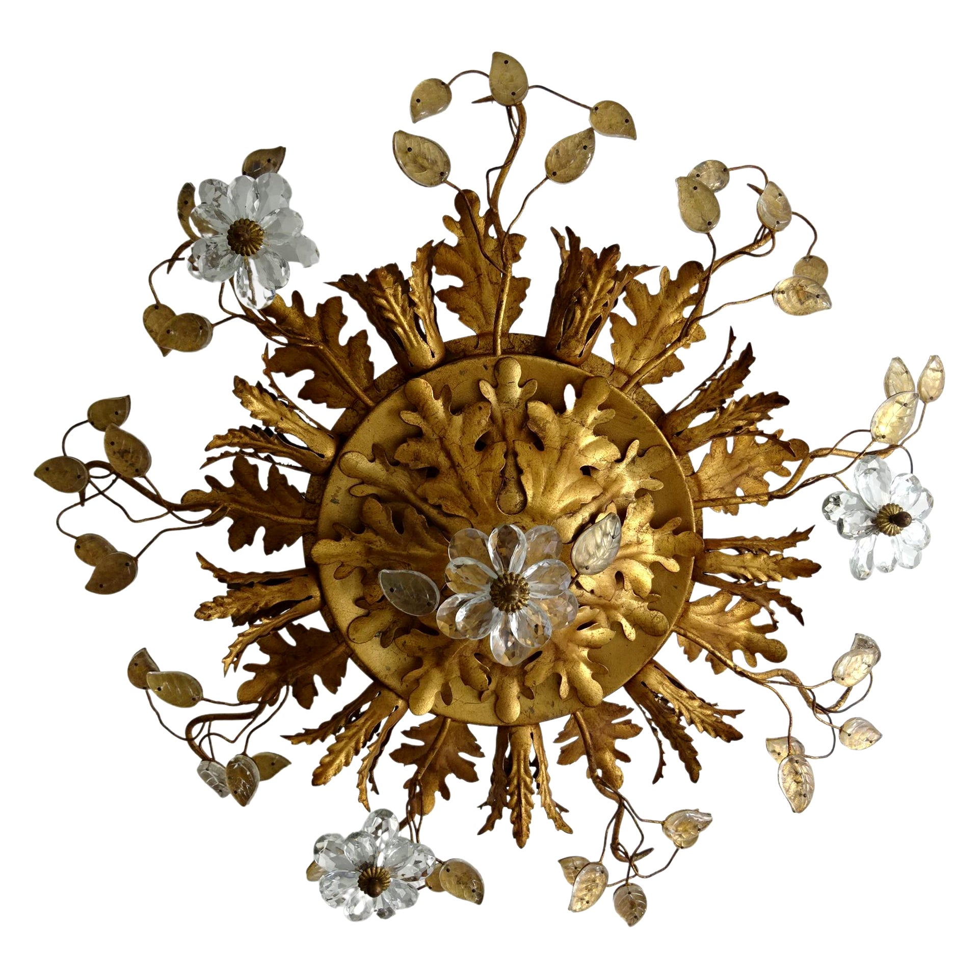 Flush Mount Maison Baguès Crystal Flowers Leaves Chandelier 9 Lights C 1940 For Sale