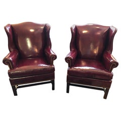 Impressive Hancock & Moore Pair of Cranberry Supple Leather Wing Chairs