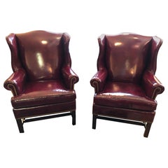 Used Impressive Hancock & Moore Pair of Cranberry Supple Leather Wing Chairs