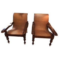 Vintage Impressive Pair of British Colonial Classic Wood & Caned Plantation Club Chairs