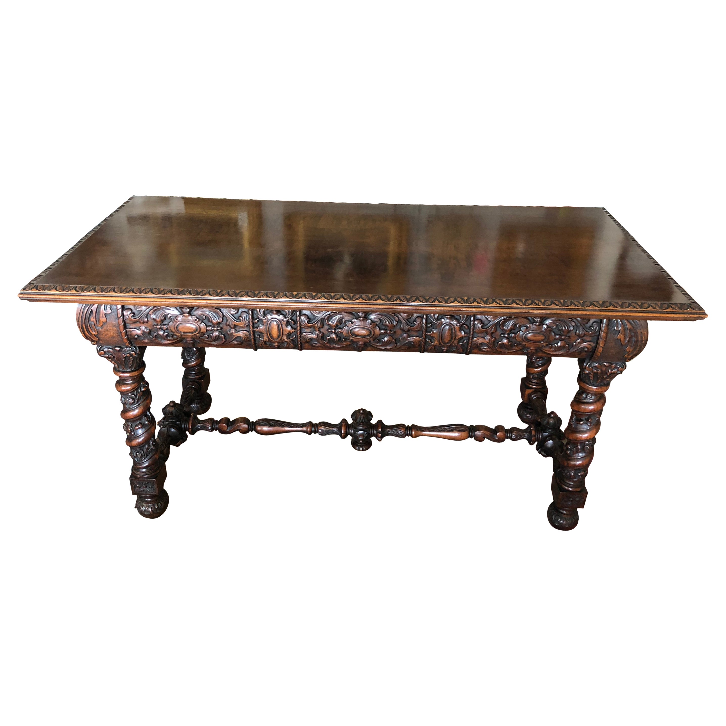 Elegant Highly Carved Mahogany Library Table Writing Desk