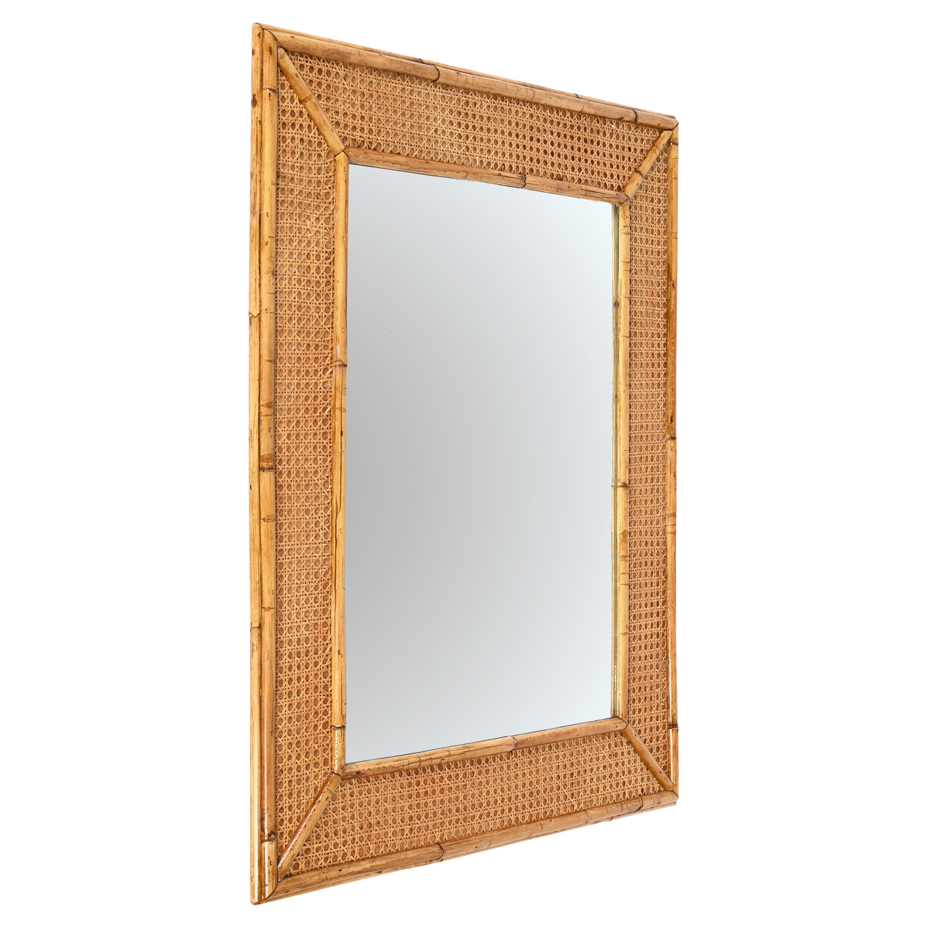 Midcentury Rectangular Italian Mirror with Bamboo and Vienna Straw Frame, 1970s For Sale