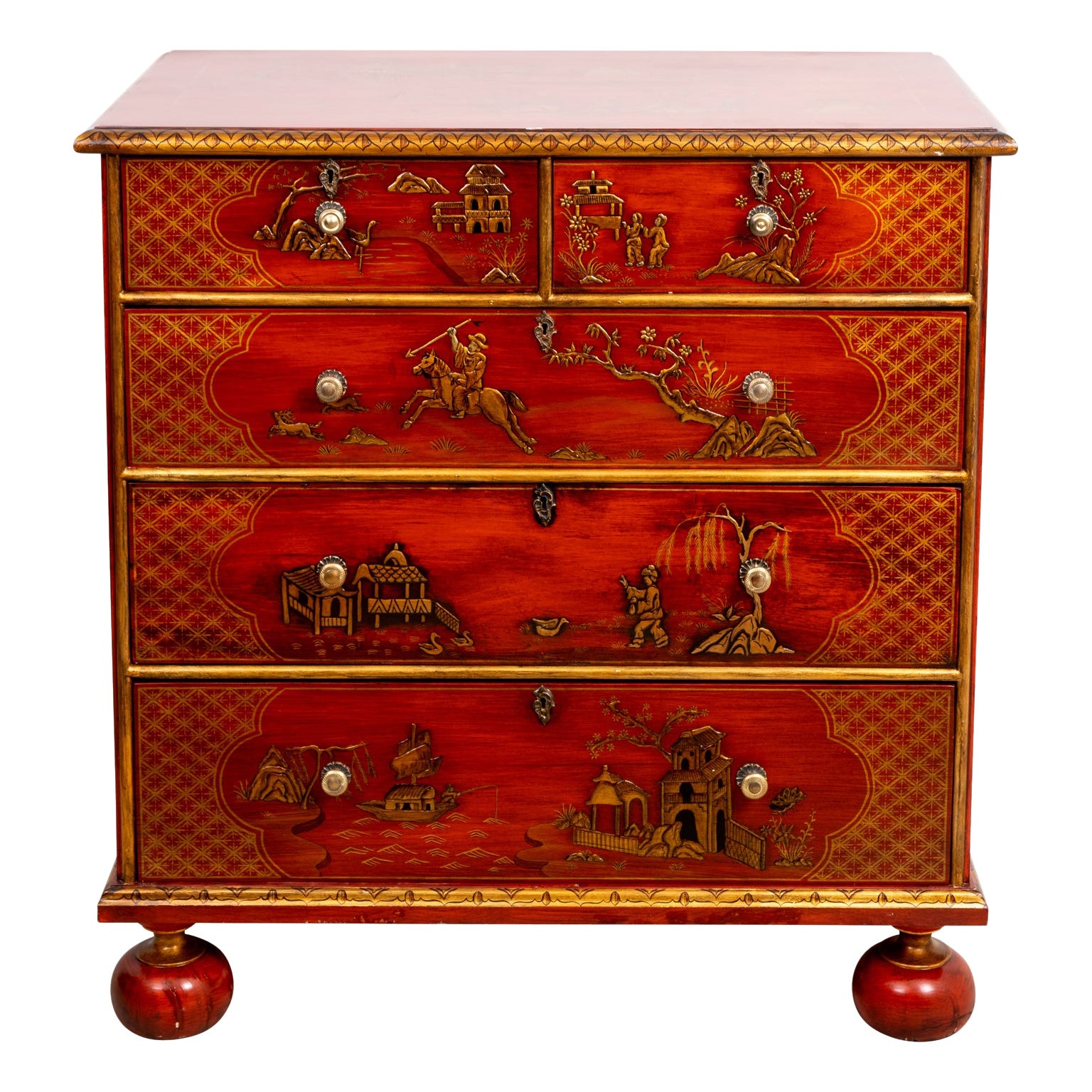 Red Chinoiserie Painted Chest of Drawers For Sale