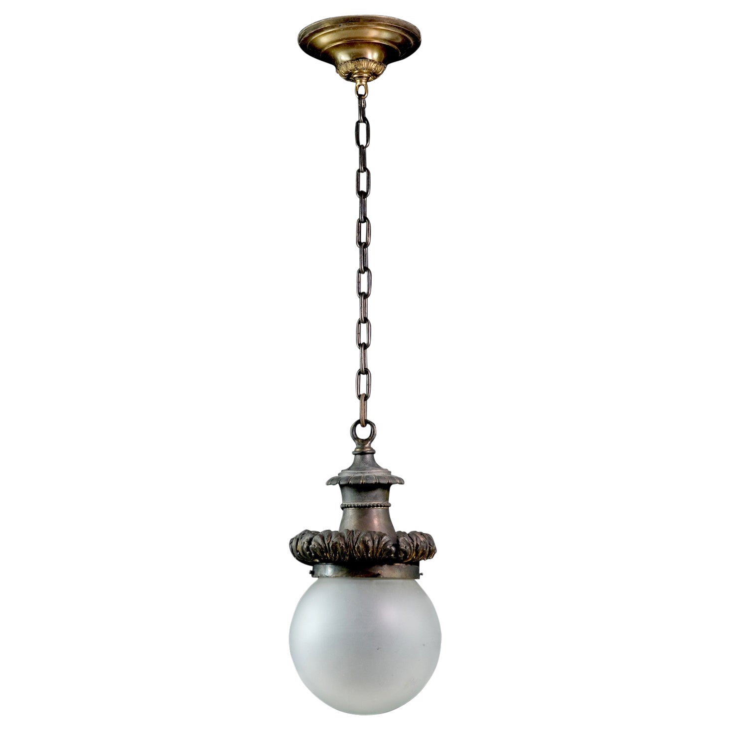 Bronze Pendant Light with Frosted Glass Globe Qty Available For Sale