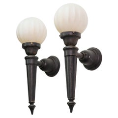 Antique 1920s Exterior Black Cast Iron Sconces with Round Fluted & Frosted Glass Globes 