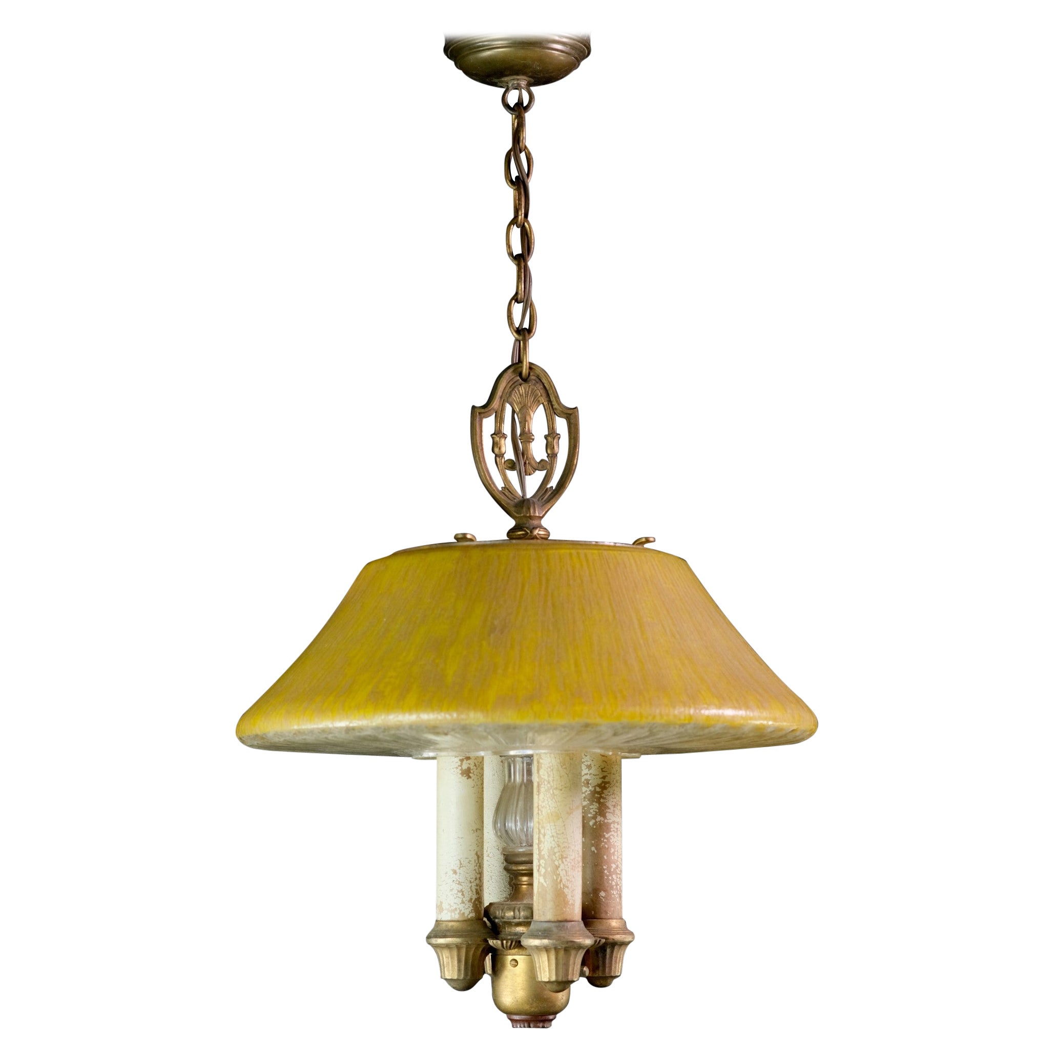 1920s Pendant Light, Cast Glass Yellow Mushroom Shade with 4 Candlesticks