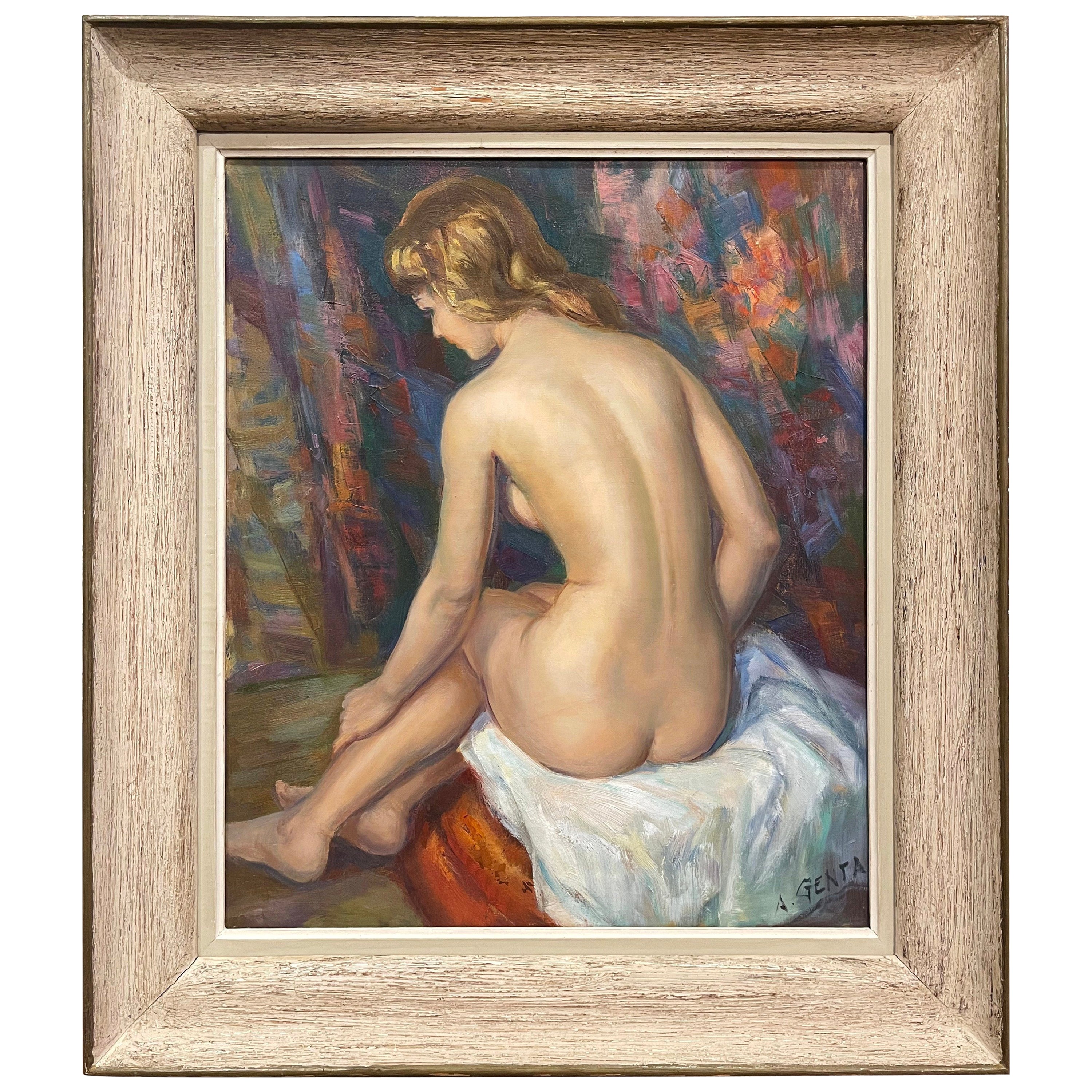Mid-Century French Framed Oil on Canvas Nude Painting Signed Albert Genta For Sale