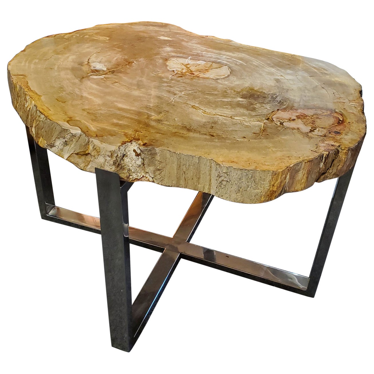 Modern Side Table with Petrified Wood Top and Custom Chrome Base