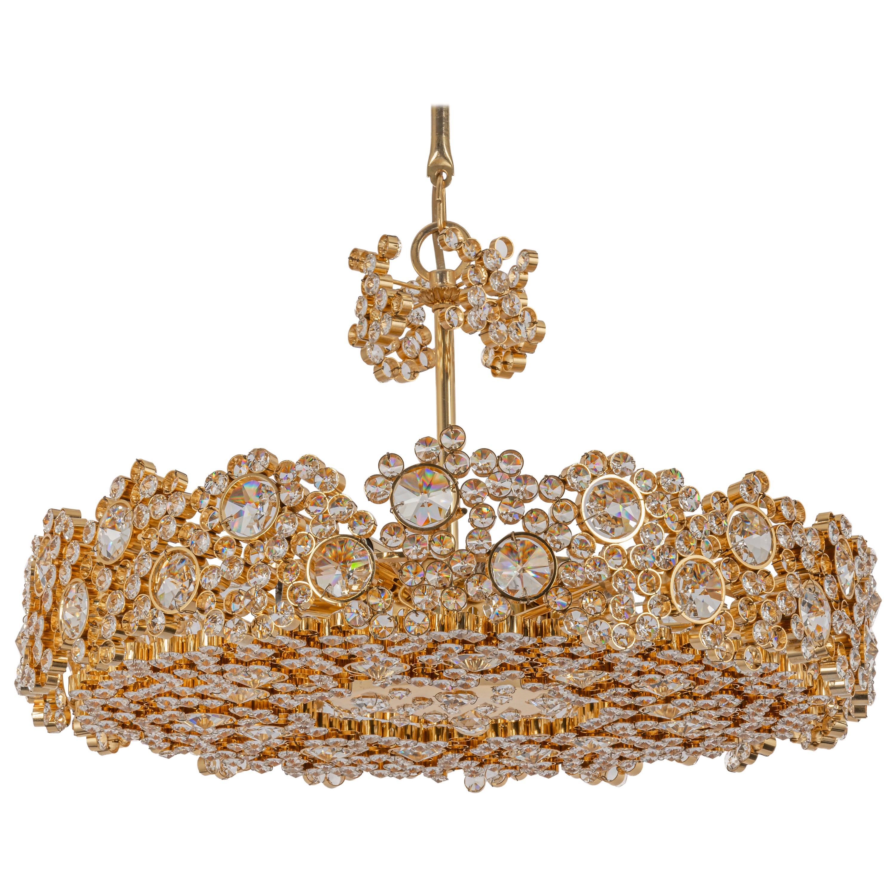 Gilt Brass and Crystal Glass Encrusted Chandeliers by Palwa, Germany, 1970s For Sale