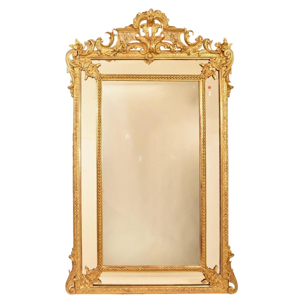 Antique Gilt Wall Mirror with Flowers and Cup, Gold Leaf Frame, XIX