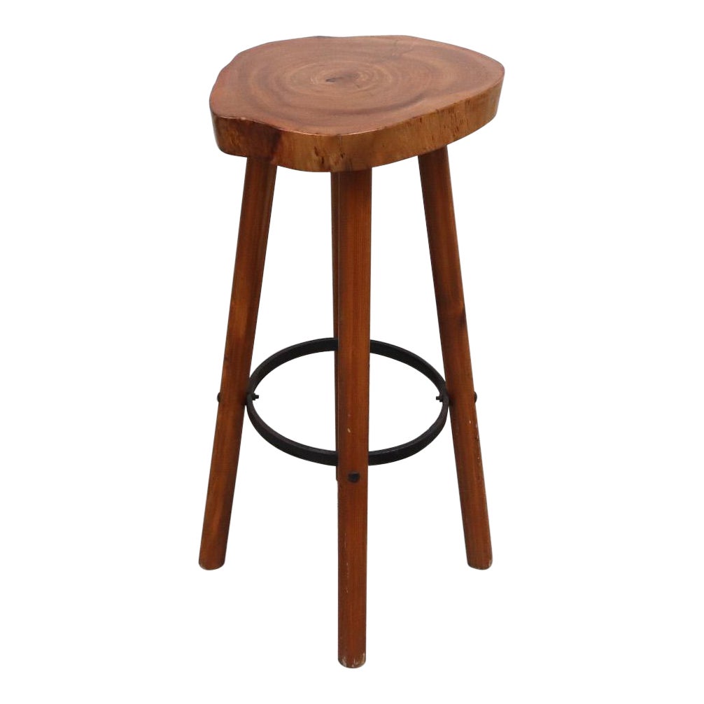 Tall Nakashima Inspired Bar Stool with Tree Trunk Slice Live Edge Top For Sale