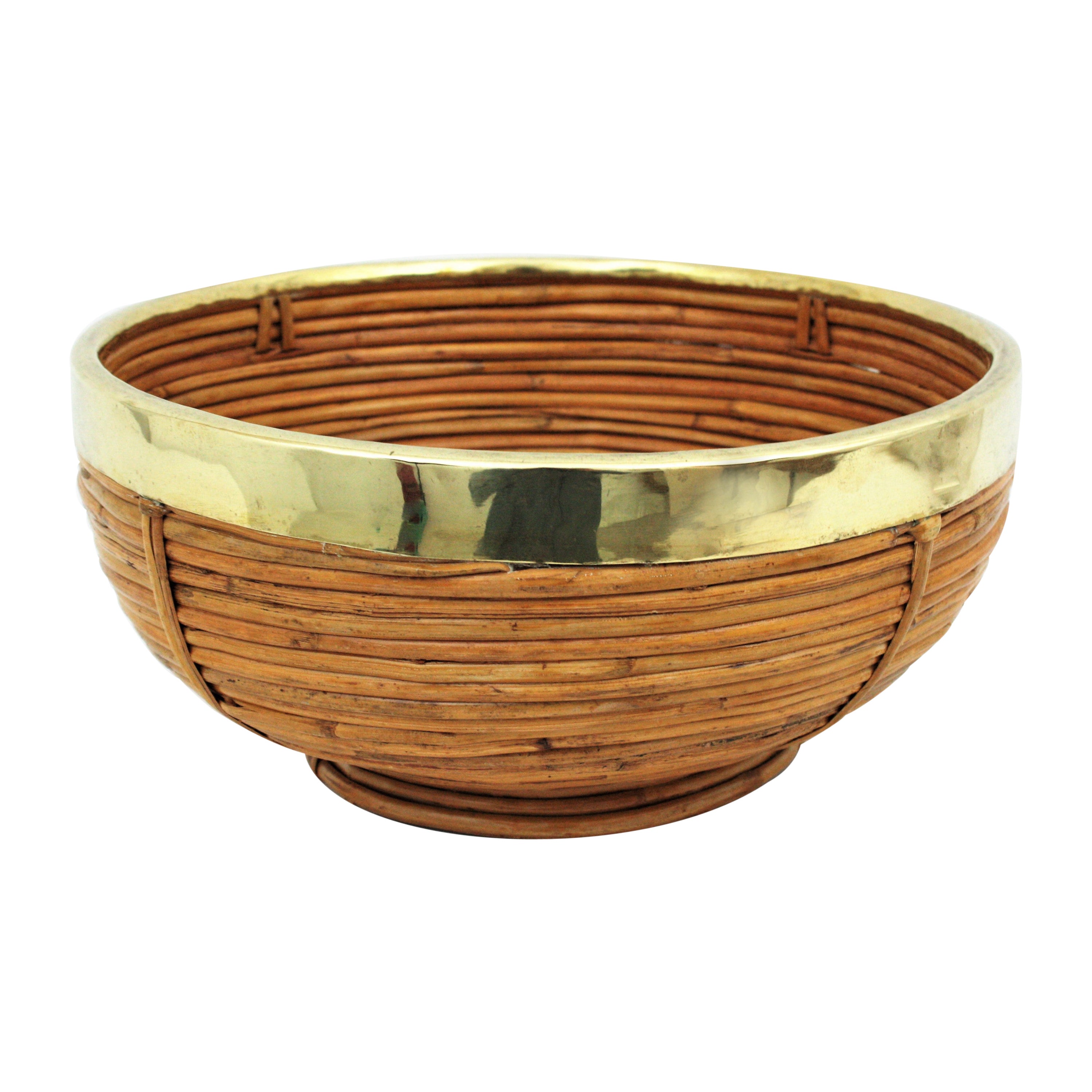 Rattan and Brass Italian Large Basket Bowl Centerpiece, 1970s For Sale