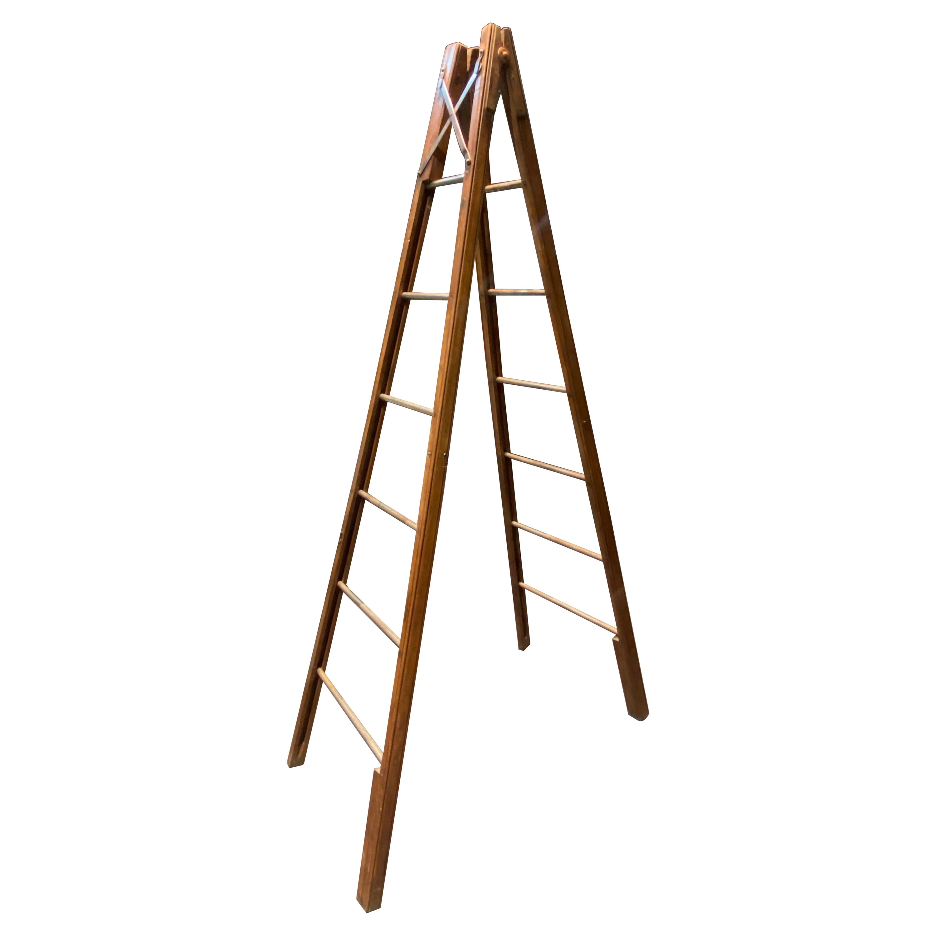 20th Century Unique French Folding Wooden Library Ladder with Metal Steps