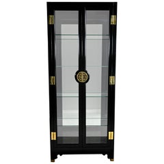 American of Martinsville Chinoiserie Black Display Cabinet Vitrine Mirror Back