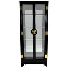 Retro American of Martinsville Chinoiserie Black Display Cabinet Vitrine Mirror Back 