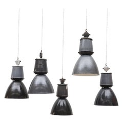 Huge Industrial Metal Factory Pendant Lamps in Assorted Grays w/ White Interior
