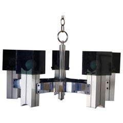 1970s Sciolari Chrome and Cast Smoked Glass Ice Cube Chandelier