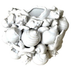 White Ceramic Porcelain Planter Jardiniere with Shell Motif