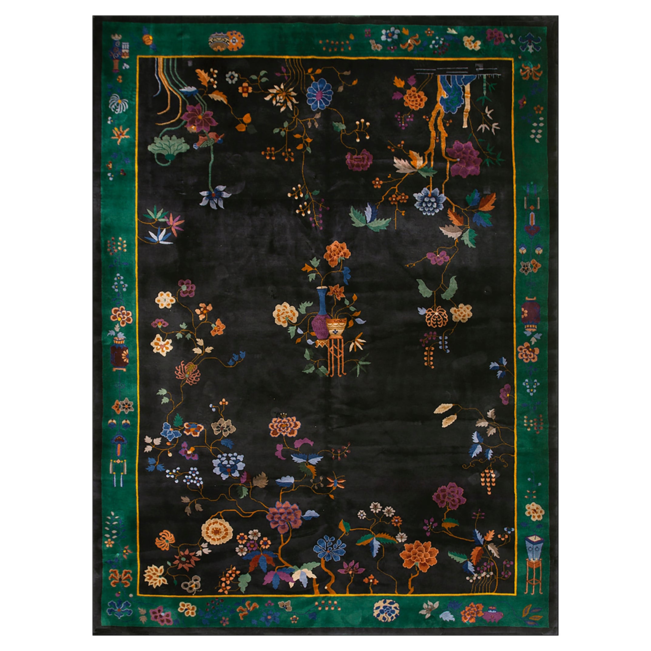 Tapis Art Déco chinois noir des années 1920 (d'environ 3,45 m x 4,45 m)  ( 304 x 412 cm)