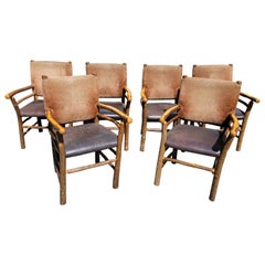 Vintage Set of Six Beautiful Old Hickory Arm Chairs with Leather Seats