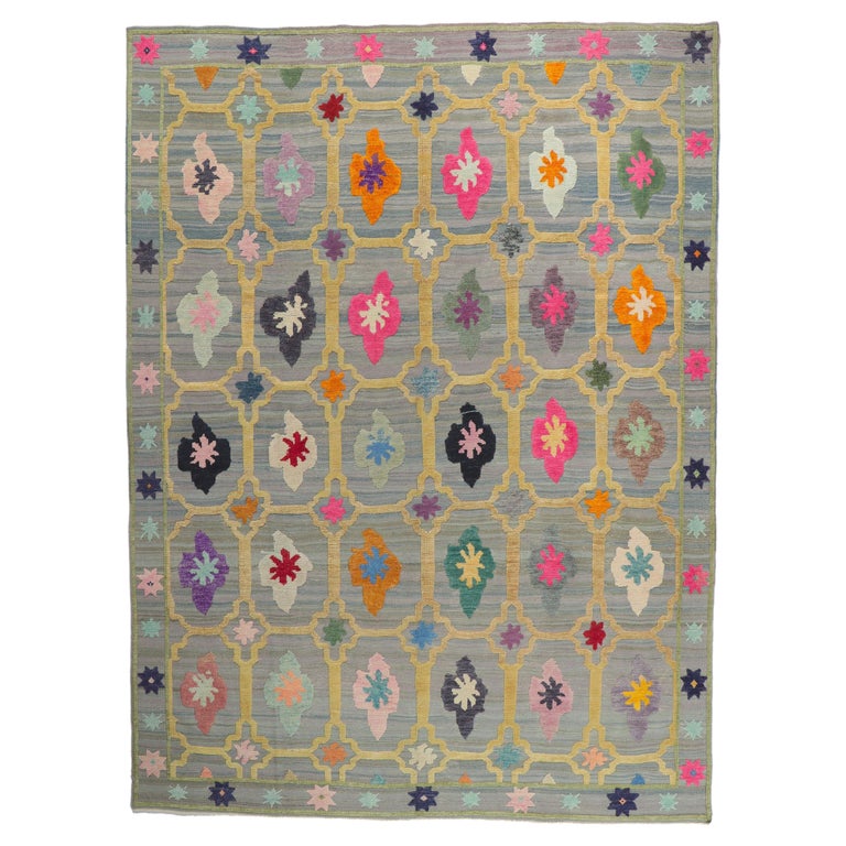 New Turkish Kilim Geometric High Low Rug with Raised Design For Sale at