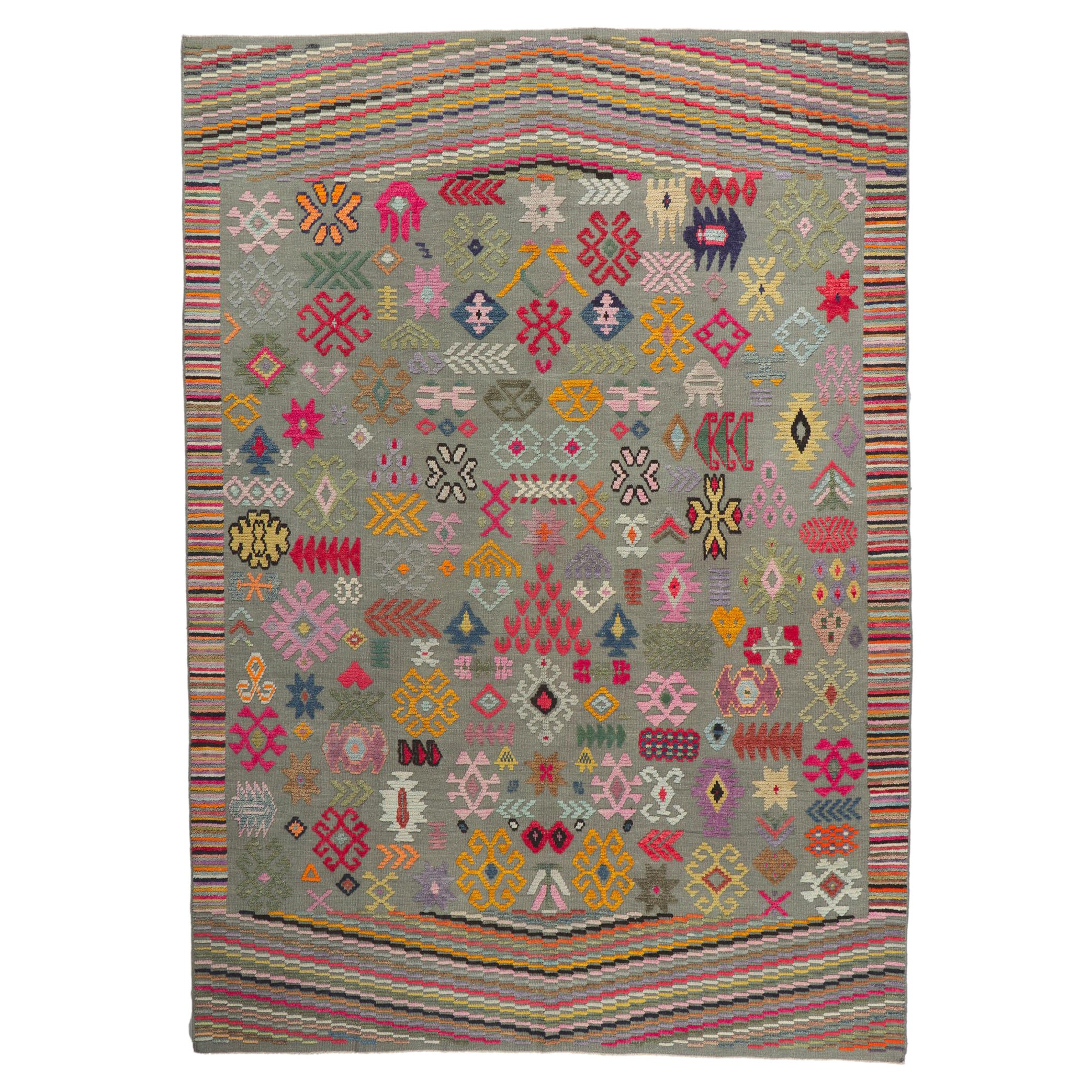 Modern High-Low Turkish Area Rug, Maximalist Design Meets Bohemian Style For Sale