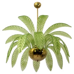 Mid-Century Modern Palm Leaves Chandelier Murano Glass and Brass, 1970s