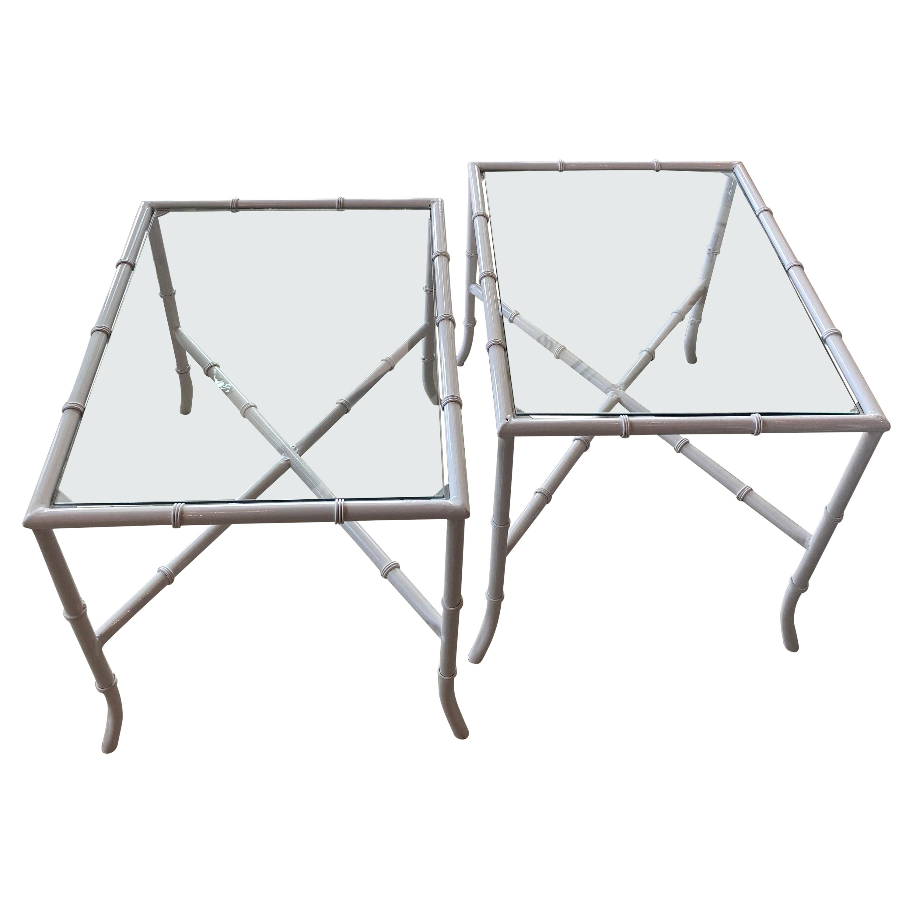 Vintage Pair Faux Bamboo Metal Side End Tables Powder-Coated White Patio Outdoor