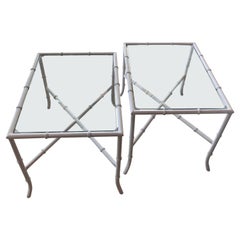 Retro Pair Faux Bamboo Metal Side End Tables Powder-Coated White Patio Outdoor
