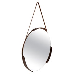 Mid-Century Modern Italian Round Mirror, Teak Frame and Original Leather Rope