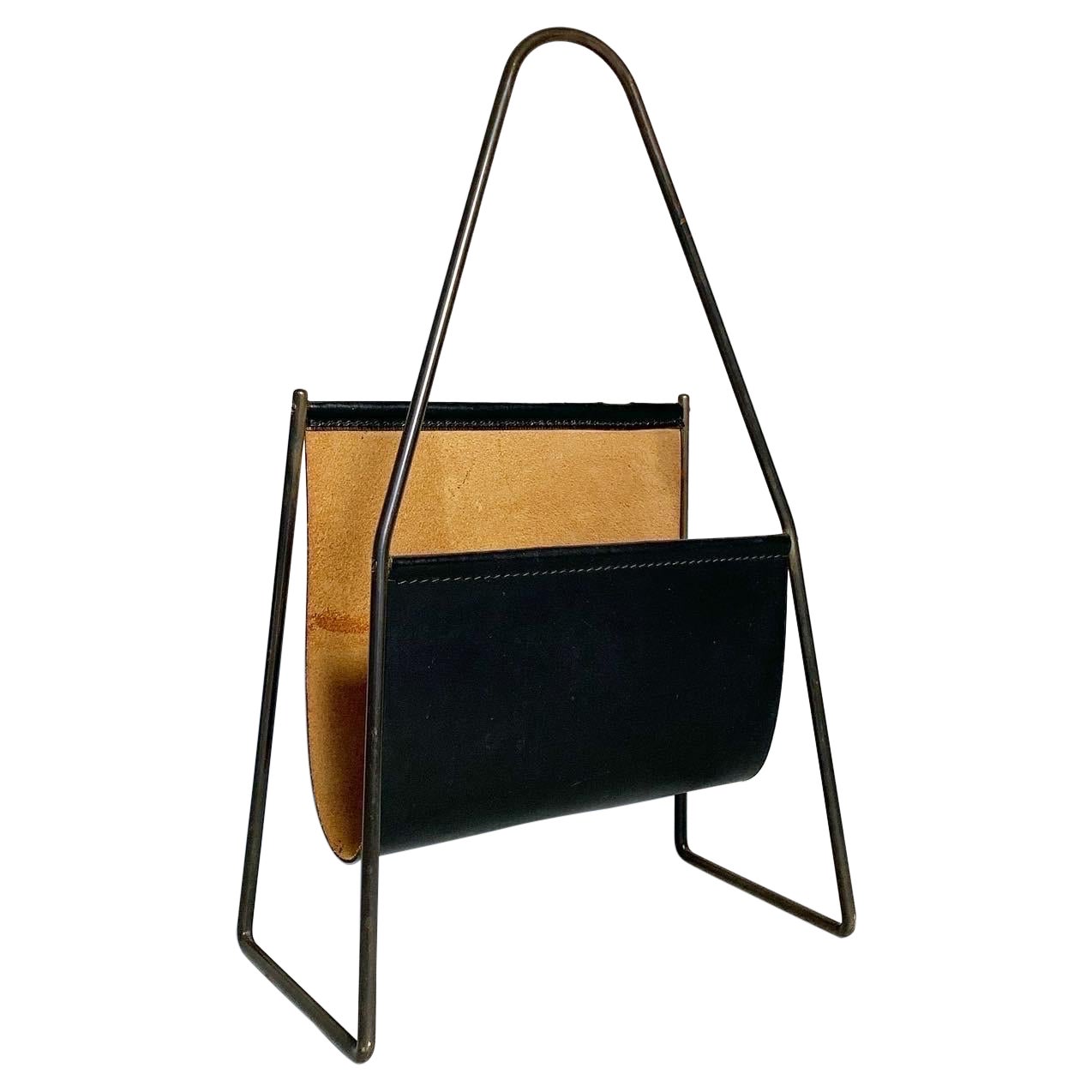 Carl Auböck Model 3808 Black Leather and Brass Magazine Rack For Sale