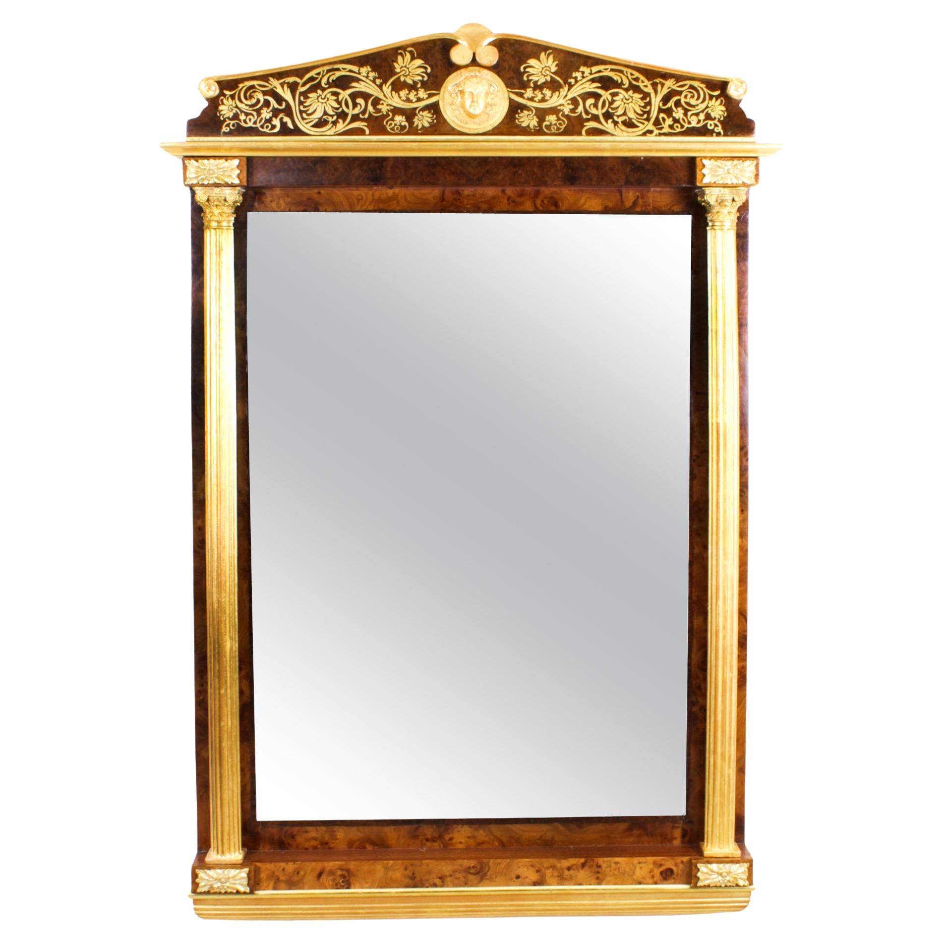 Antique French Burr Walnut Parcel Gilt Mirror 19th C For Sale