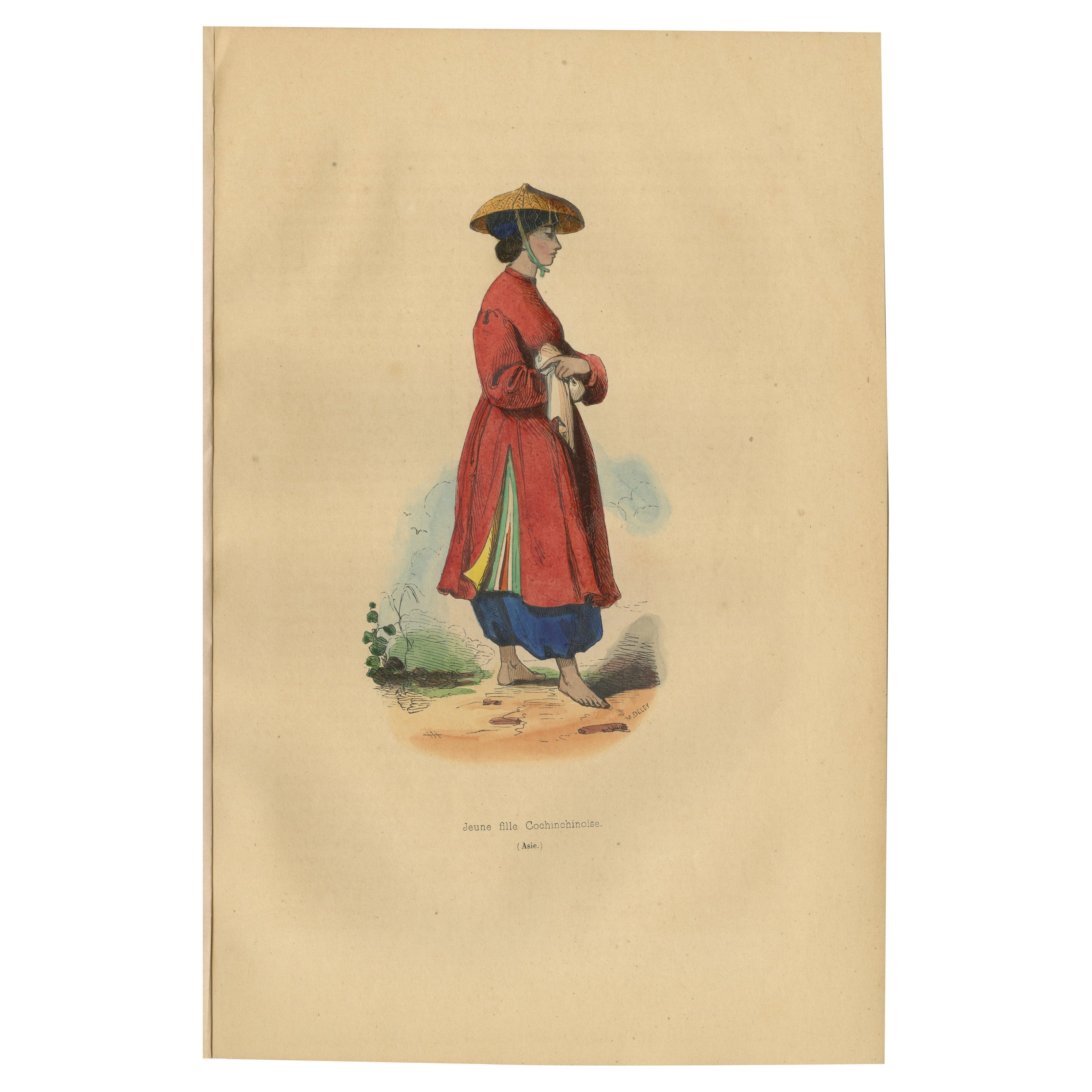 Antique Costume Print of a Young Lady of Cochinchina by Wahlen, 1843 For Sale