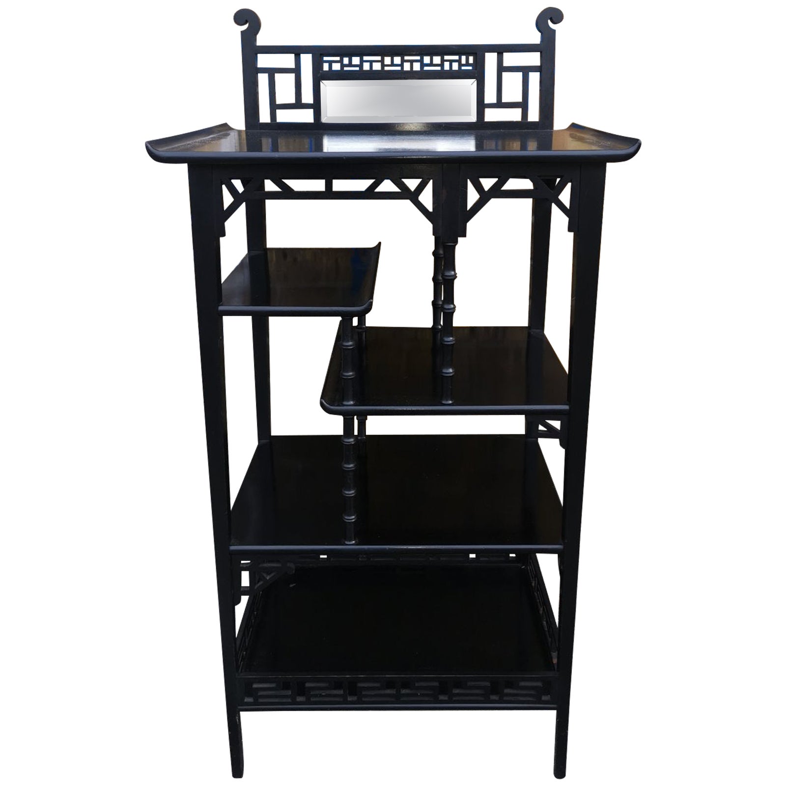 Anglo-Japanese Ebonized Display Shelves with Pagoda Sides & Fret Work Decoration For Sale