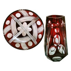 Art Deco French Bowl and Vase in Half Ground Red Crystal
