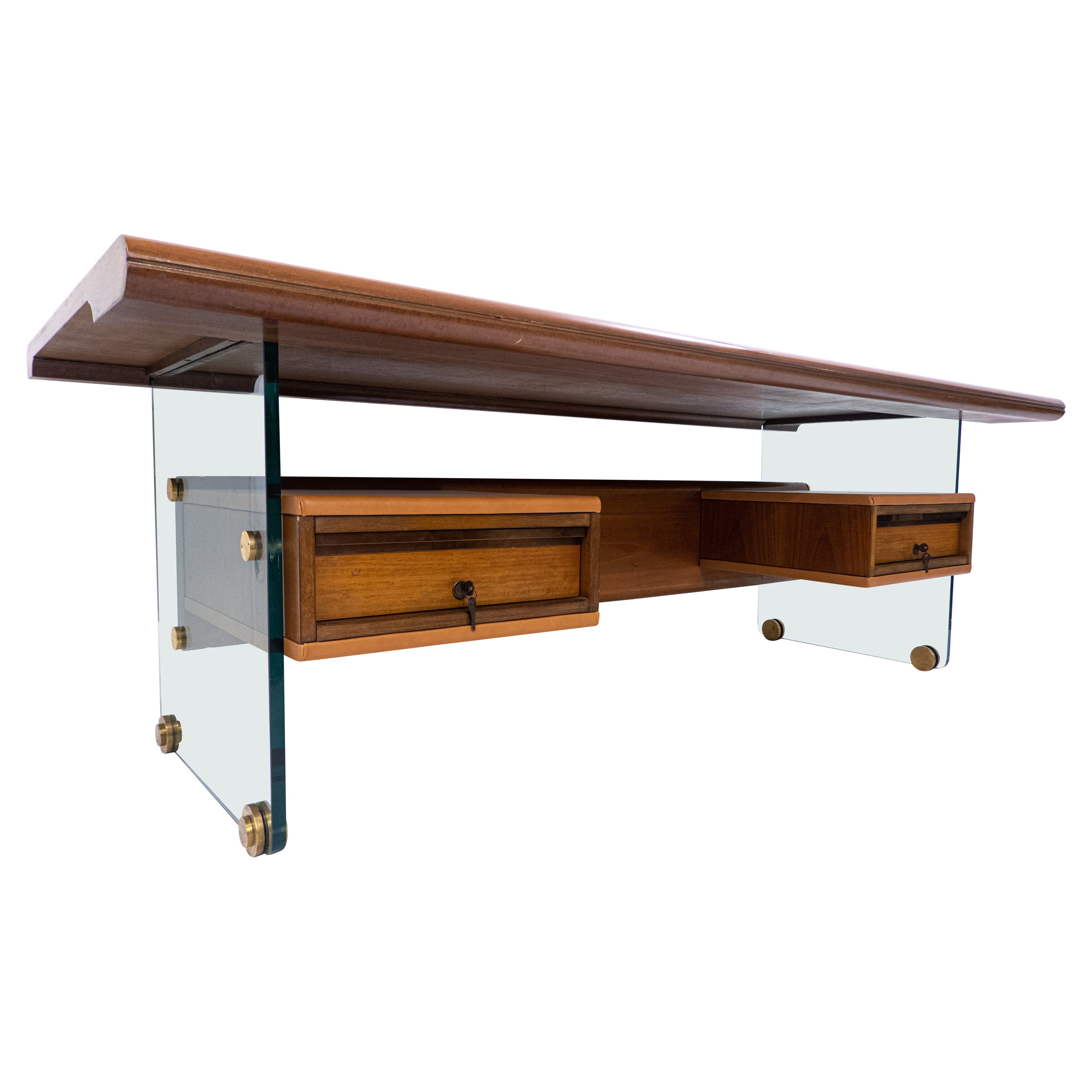 Mid-Century Modern Desk by Tosi, Glass Wood Leather and Bronze, Italy, 1968 For Sale