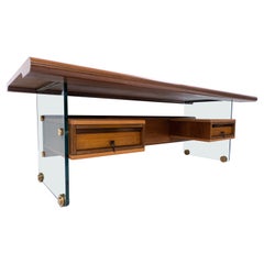 Mid-Century Modern Desk by Tosi, Glass Wood Leather and Bronze, Italy, 1968