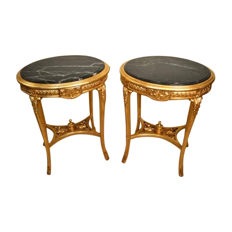 Vintage Pair of Louis Revival Giltwood Marble Top Occasional Tables, 20th C