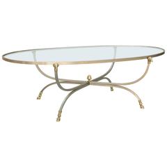 Jansen Style Oval Polished Steel and Brass Coffee Table