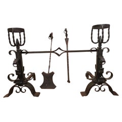 Roy Metalworker France, Hand Wrought Iron Fire Dogs & Matching Fire Tools, Set