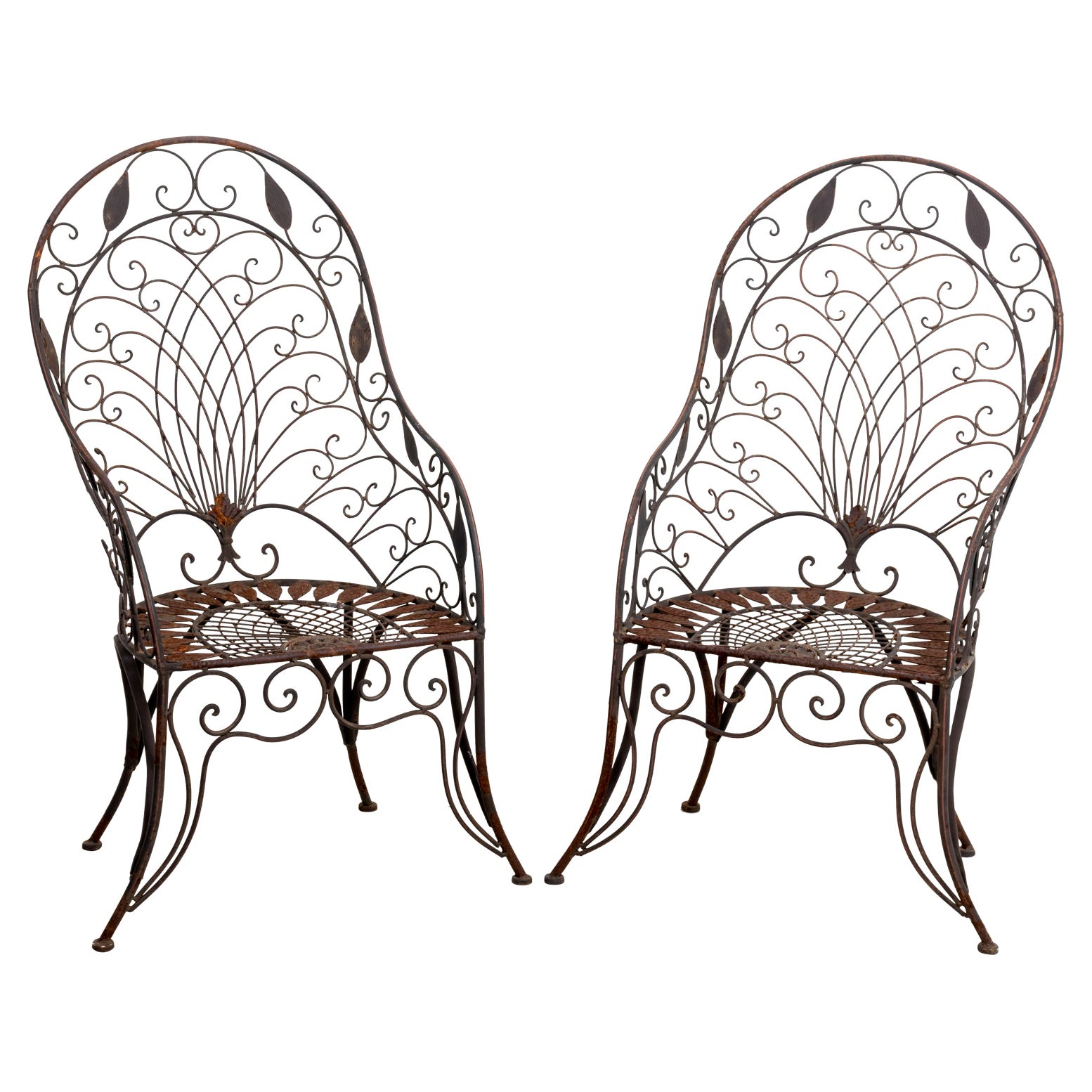 Pair of Wrought Iron Curved Back Garden Chairs with Scrollwork