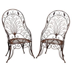 Pair of Wrought Iron Curved Back Garden Chairs with Scrollwork
