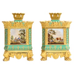 Pair of French 19th Century Jacob Petit Porcelain Green-Ground Pot-Pourri Vases