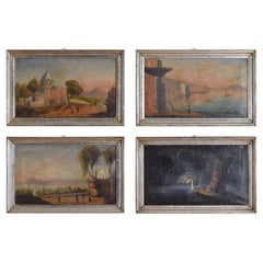 4 Oils on Canvas, Views of Naples with Vesuvius & the Blue Grotto, 18th/19th Cen