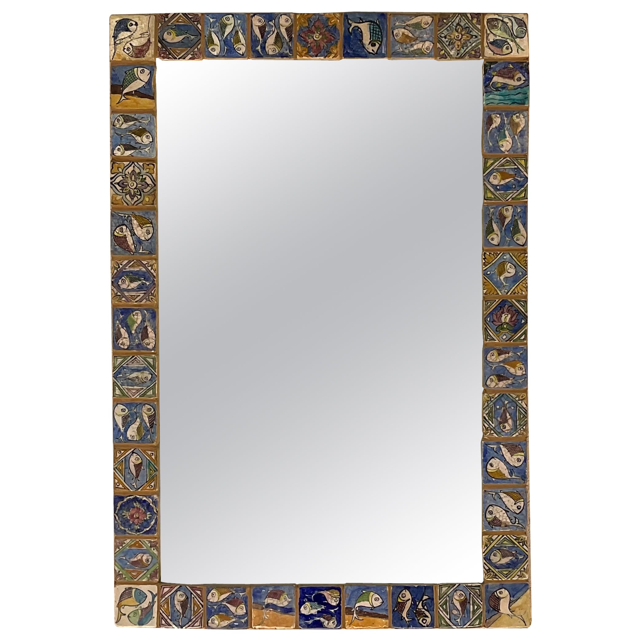 One of a Kind Large Hand Painted Ceramic Tile Mirror