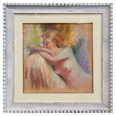 Mid-Century French Nude Pastel in Carved and Painted Frame Signed Berteau
