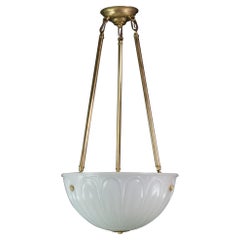 Antique 1920s Cast Milk Glass Dish Pendant Light Brass Hardware