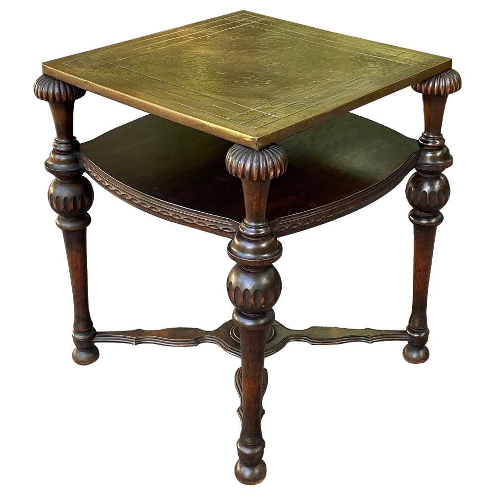 Antique English Walnut End Table with Brass Top For Sale