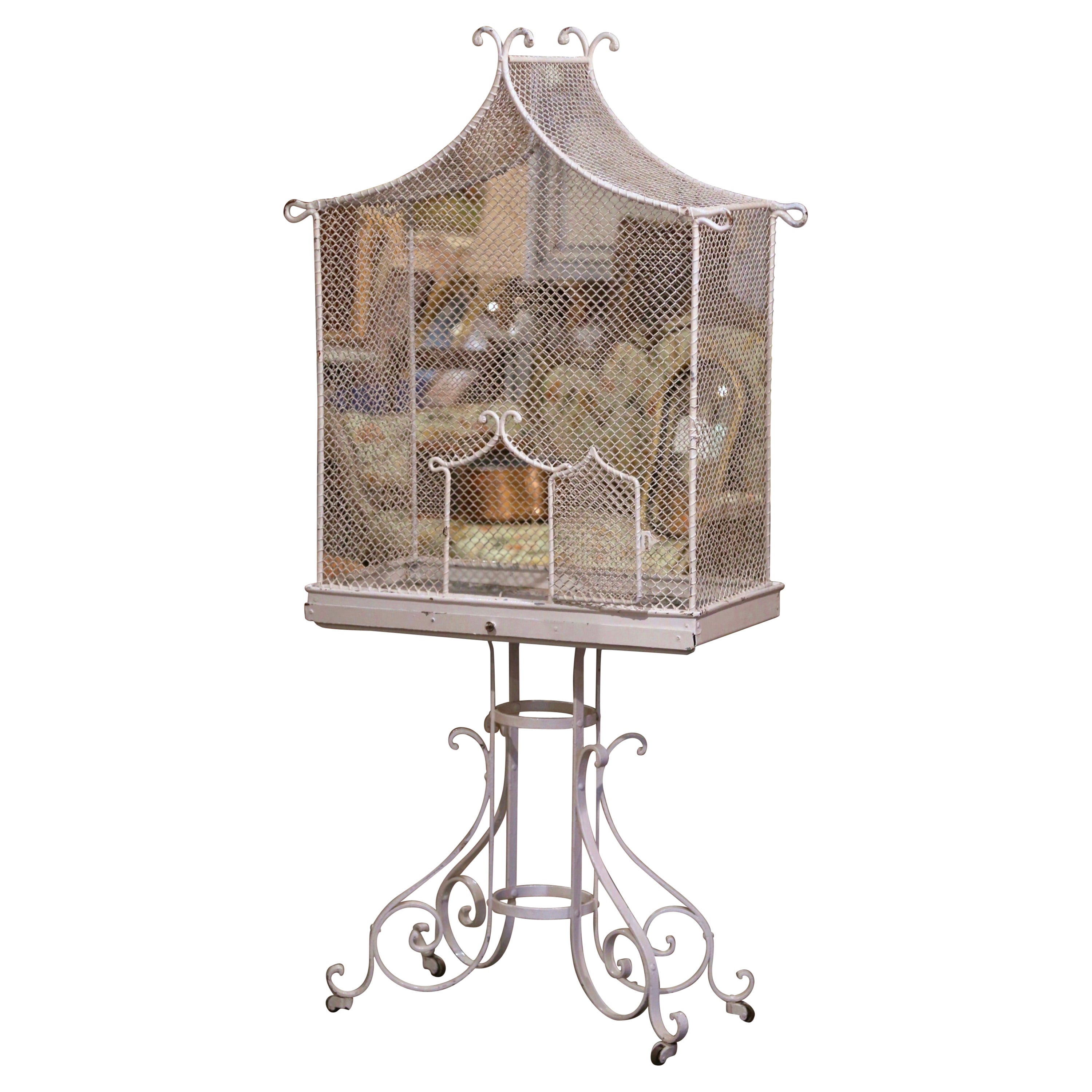 Early 20th Century French Painted Iron and Wire Aviary Birdcage on Wheels For Sale